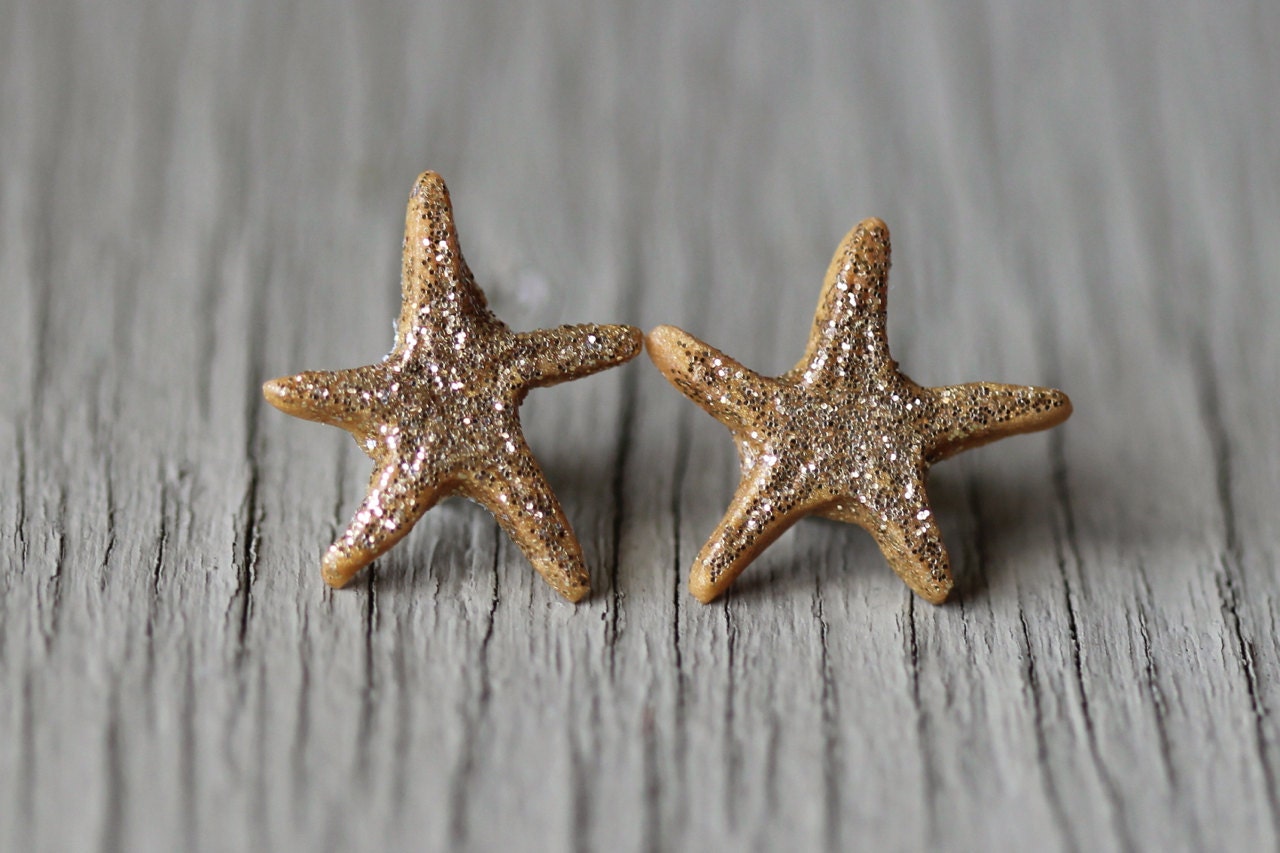 Starfish Earrings : Gold Glitter Beach Studs, Copper Polymer Clay, Resin, Wedding, Artisan Tree, ArtisanTree, Bridesmaid, Fun, Simple