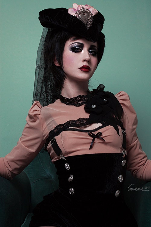 Cunene black velvet tricorn Pirate Widow headpiece, hat, Sacred heart