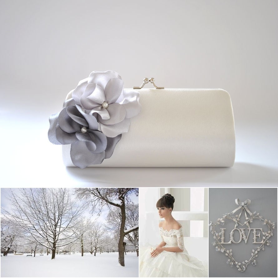 Winter Wedding - Wonderland wedding - Gray, Silver and Off white / Small Bridesmaid clutch / Prom clutch / Cocktail Clutch