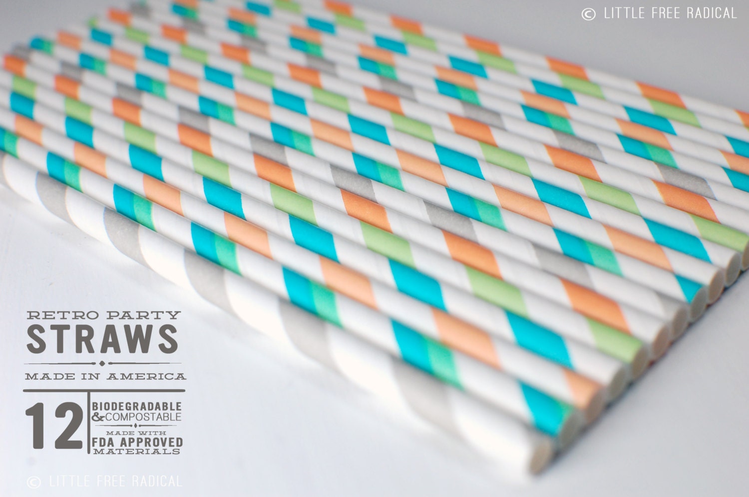 Mint Green, Teal, Orange and Grey Paper Stripey Straws  12pk & Digital Flags - Party - Birthday - Baby Shower - Wedding