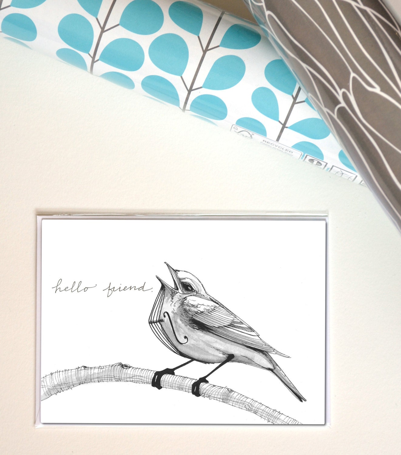 greeting card: bird on branch, song bird, violin strings
