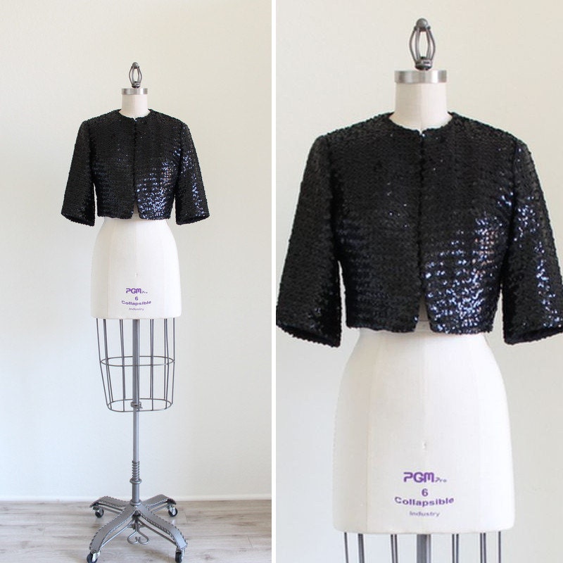Vintage Black Sequin Jacket . 50s Cropped Jacket . Sequin Bolero Jacket . size Medium