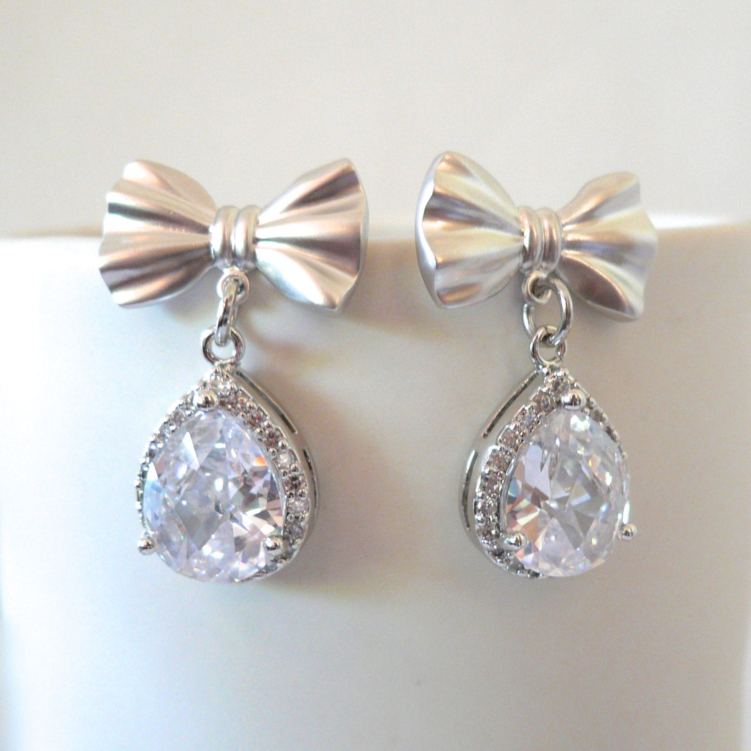 Silver Bow and CZ Drop Earrings