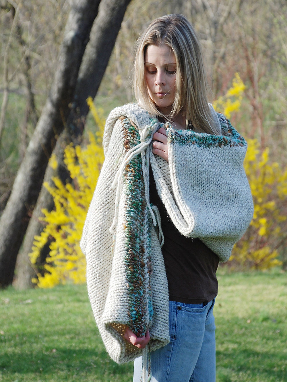 The Original EarthenPurl Hoodie: Striped Design. a woodland shrug, with one of a kind handspun fibers.