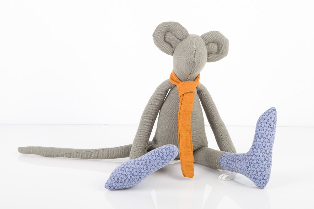 Stuffed animal toy- Plush olive gray Minimalist urban Mouse , with Golden Orange scarf & dotted blue socks - Eco Friendly handmade doll
