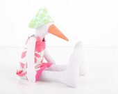 Minimalist bright lilac bird , duck , wearing pastel pink mint dress and green dotted hat ,orange beak - handmade fabric doll