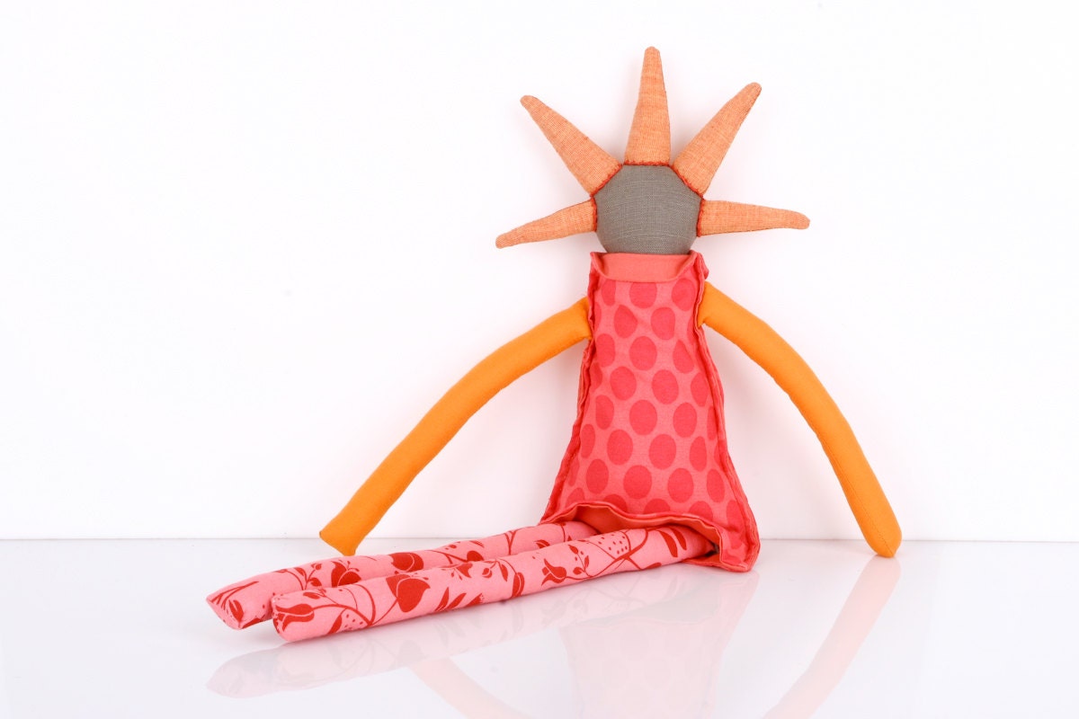 Spring Modern rag doll ,  With orange spikes cool Haircut , Fuchsia Pink Spotted dress, collar, Floral pants. handmade eco doll