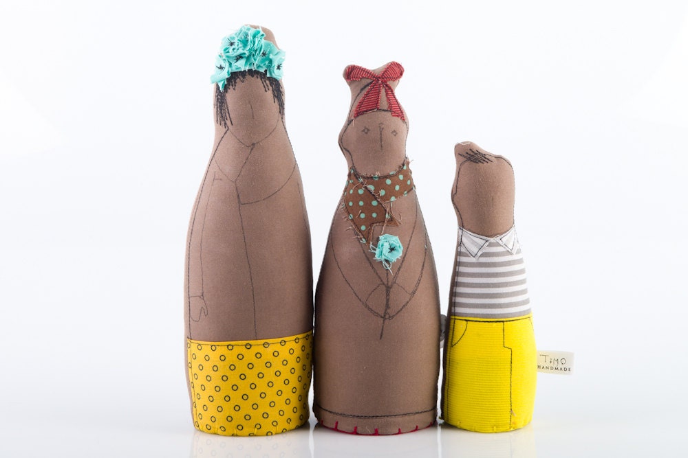 Family Portrait - Mom and two sons, she in aqua floral hat ,yellow skirt , big boy in hat and scarf, little boy in gray striped - handmade