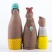Family Portrait - Mom and two sons, she in aqua floral hat ,yellow skirt , big boy in hat and scarf, little boy in gray striped - handmade