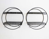Pair of Round Black Metal Mid Century Double Wall Shelves