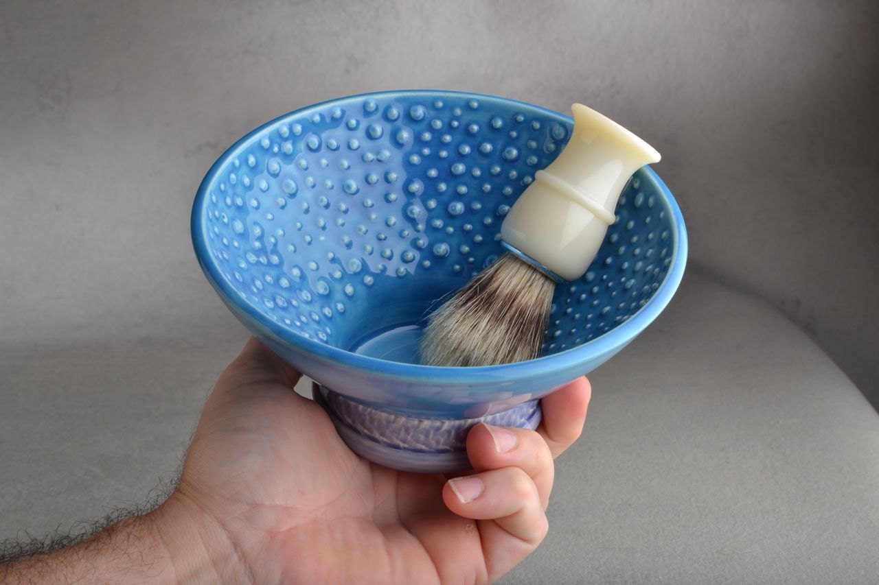 Shaving Bowl Ready To Ship Blue Dottie Shaving Bowl by Symmetrical Pottery