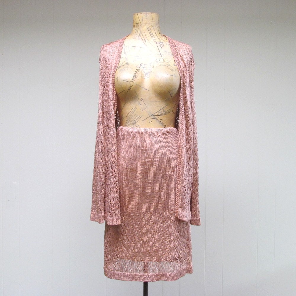 Vintage 1990s Knit Suit / 90s Blush Crochet Silk Jacket Skirt Set / Small