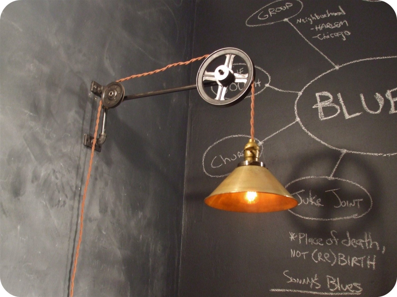 Vintage Industrial Pulley Sconce - Brass Cone SHADE - Wall Mount Light - Machine Age Trouble Lamp Sconce