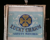 Vintage Ephemera Frame pendant Lucky Charm Original Vintage miniature matchbox artwork label 4 leaf clover