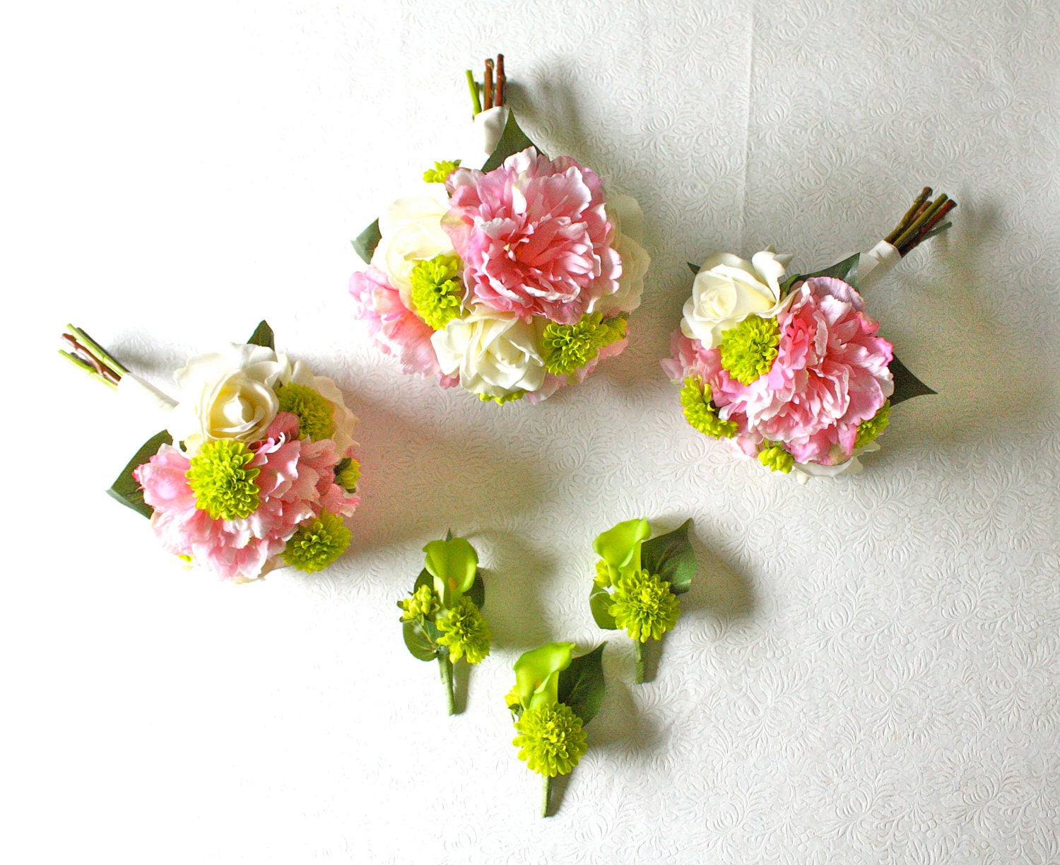 Complete Wedding Package, 1 Bride, 2 Bridesmaids, 3 Boutonnieres (Pink Peonies, Ivory Roses, Chartreuse Mums, Real Touch Callas)