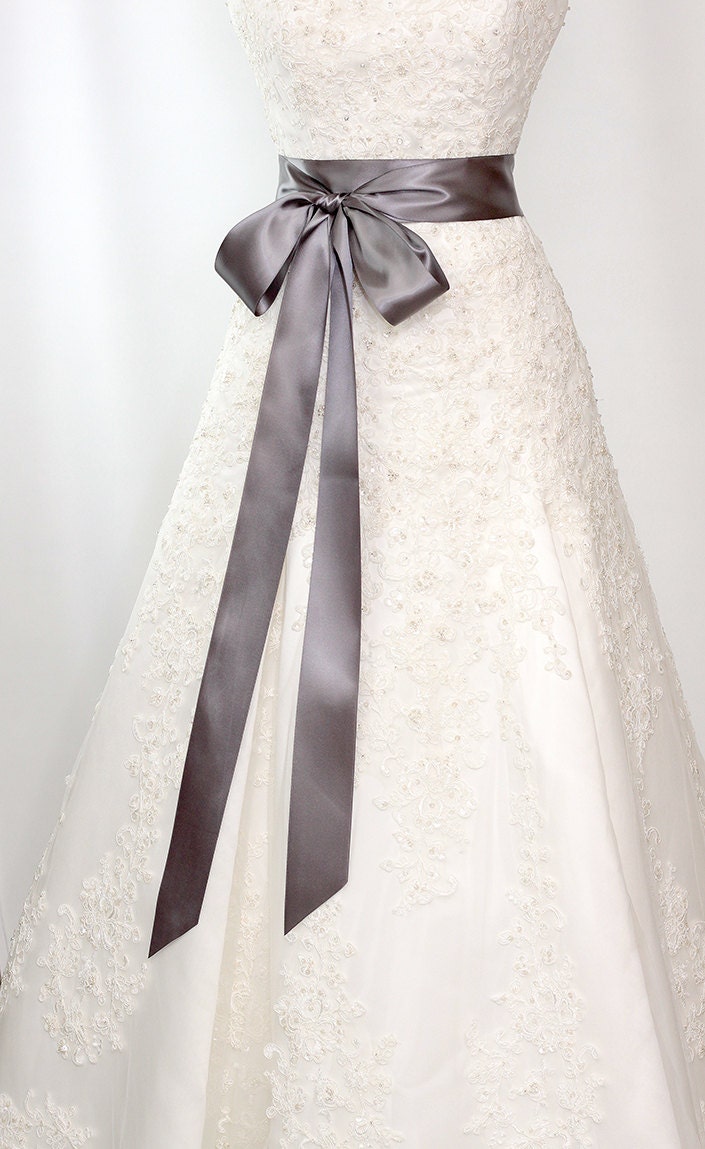 Bridal Sash - Romantic Luxe Satin Ribbon Sash - Wedding Sashes - Deep Graphite Gray - 2.25 in - Bridal Belt