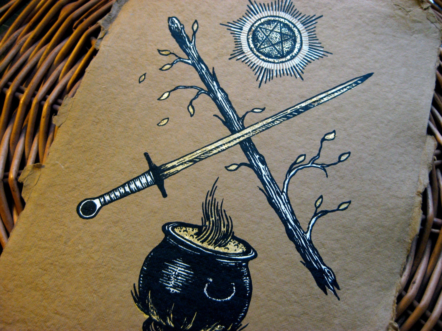 The Tarot Suits Spellbook Leaflet original artwork handmade screenprint, black white gold on BROWN handmade paper.