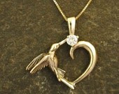 14K Gold and Diamond Hummingbird Heart Pendant on a 14K Gold Chain
