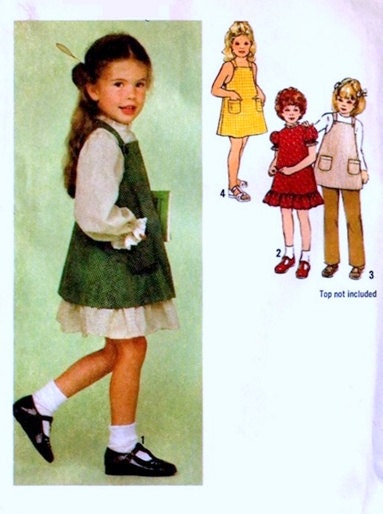 1970s Girls Dress or Jumper or Top and Pants Vintage Sewing Pattern, Simplicity 9211 Size 5
