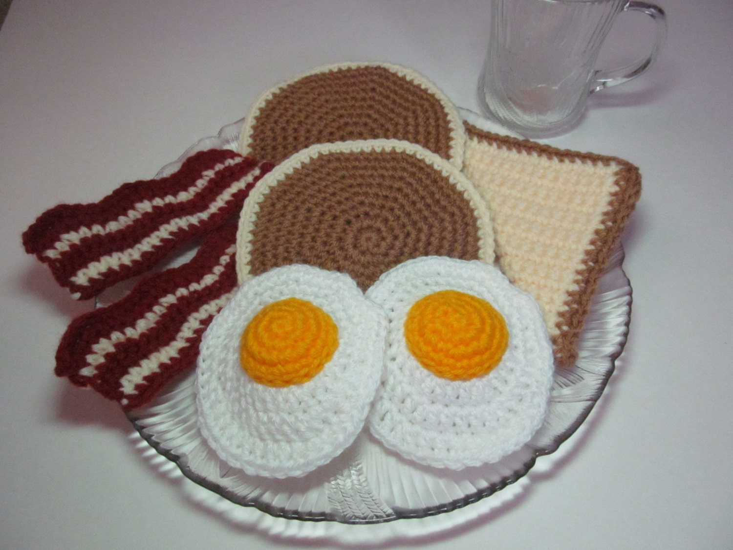 Crochet Play Food, Breakfast Sampler, Eggs, Bacon, Toast, and Pancakes
