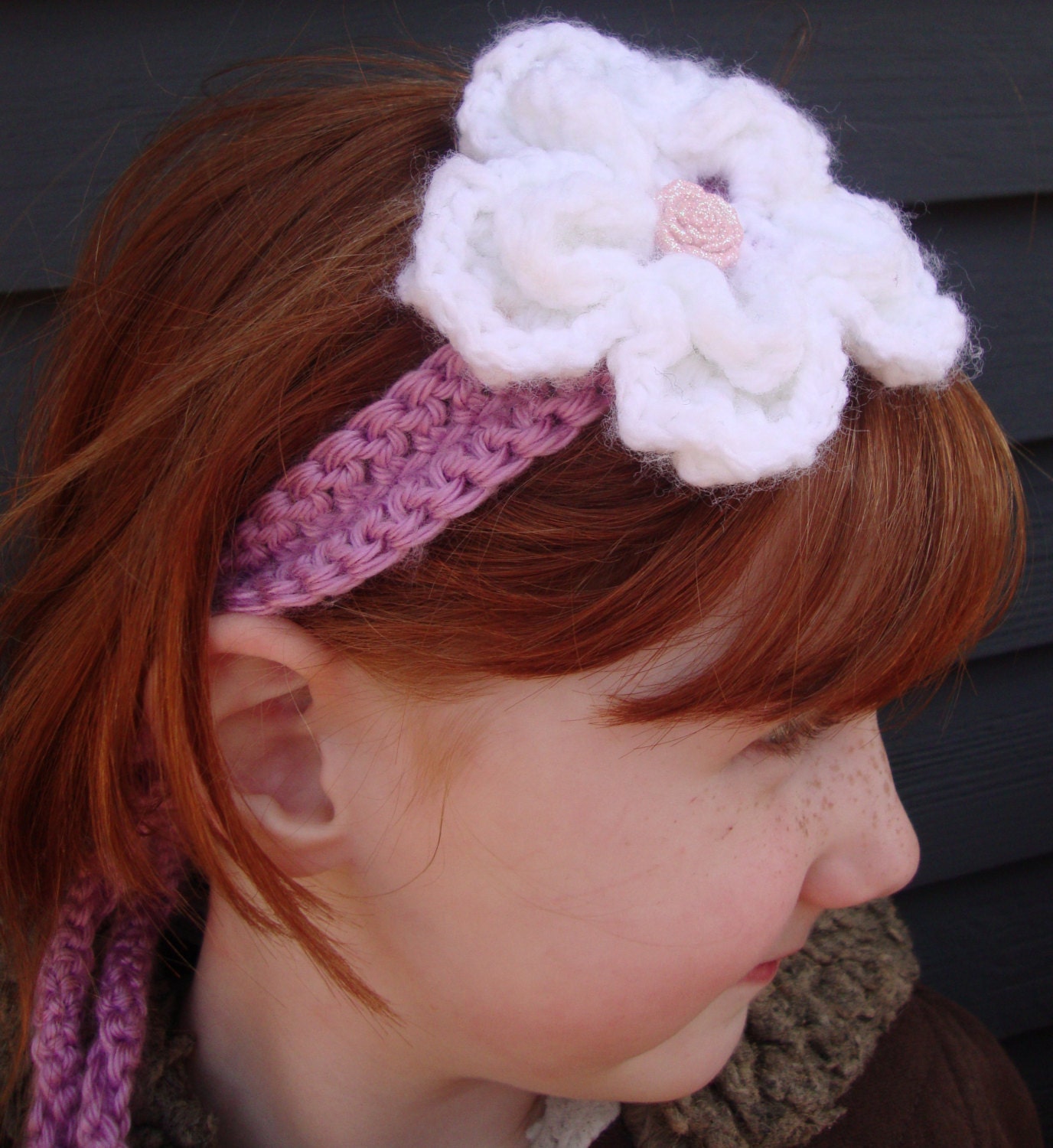 Crocheted Headband with Flower, pink white rose