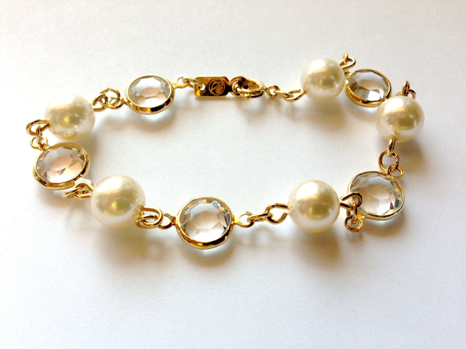 Crystal & Pearl Swarovski Bracelet - Gold framed clear beveled crystals with white pearls - swan tag - signed - genuine - wedding - bezel