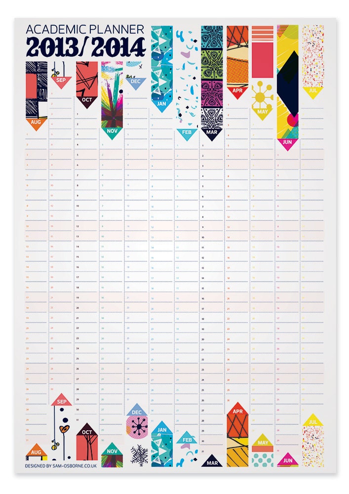 Academic Wall Planner School College Calendar 2013 2014 Pattern Design with Quote