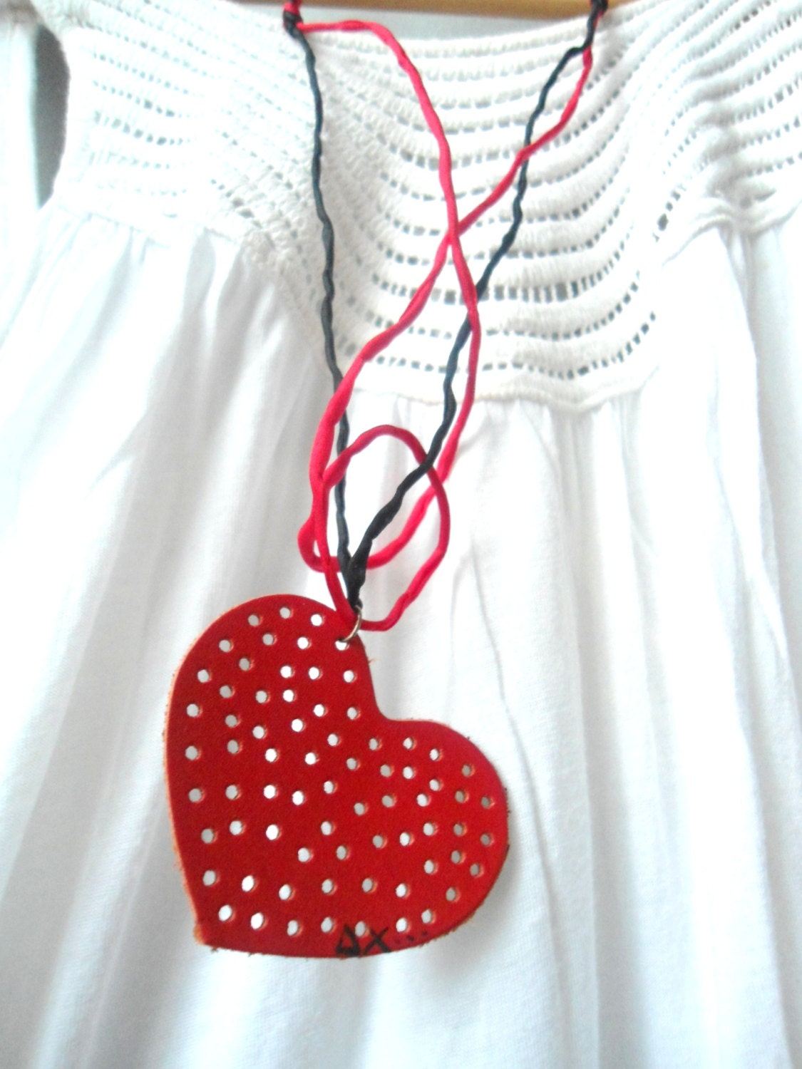 red pierced Leather heart necklace on SILK cord- love jewelry- soft fine design necklace- high quality materials- valentines fashion- sexy