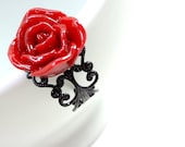 Deep Red and Black Rose Ring on Adjustabel Filigree Base