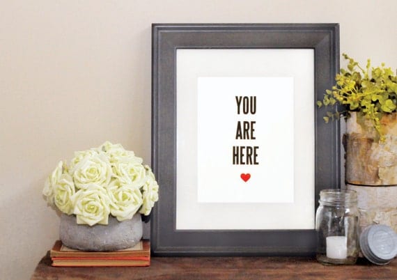 Love art print poster - You are here heart - 8x10 black and red giclee wall art