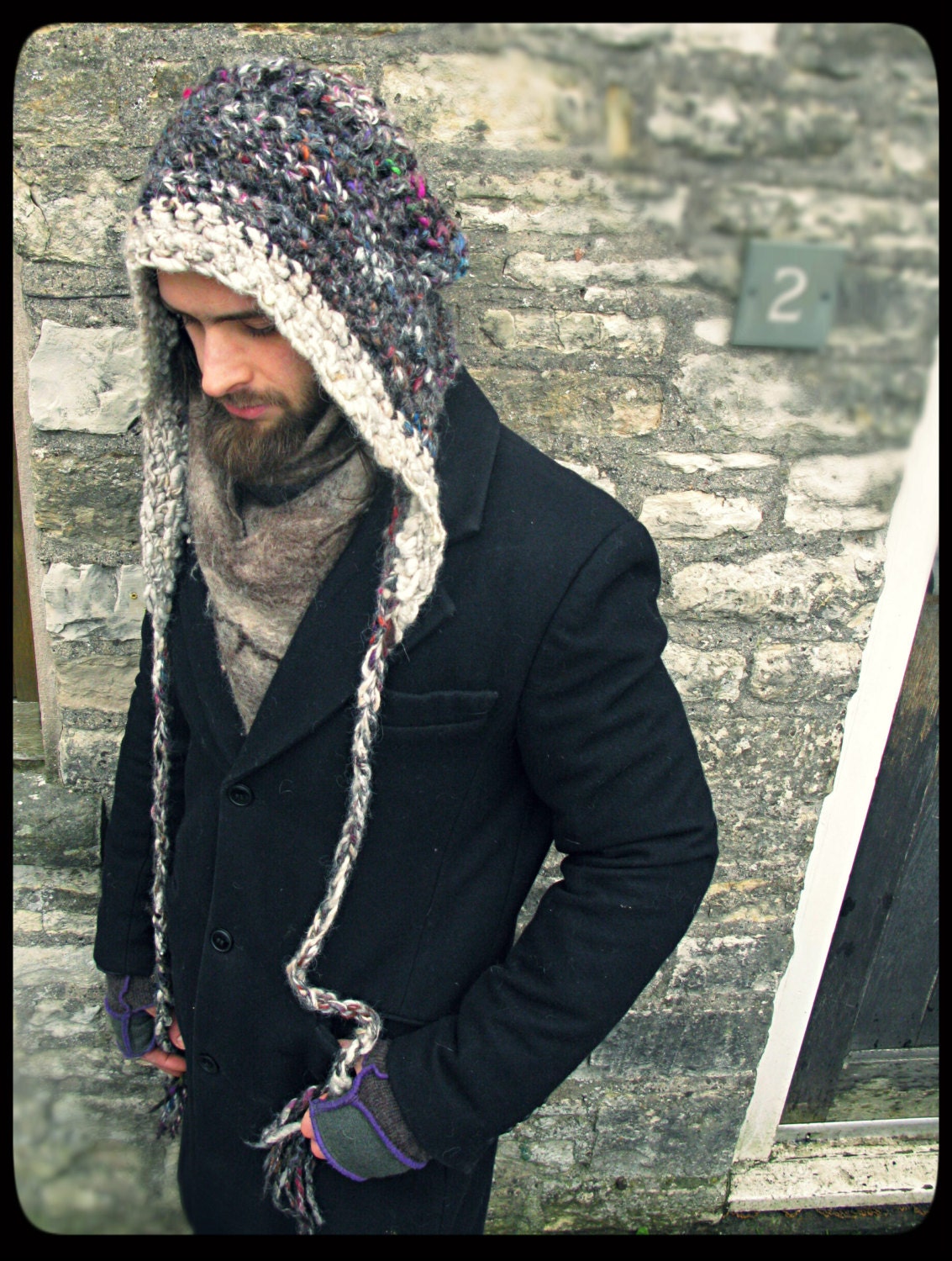 MADE to ORDER - ARtWeAR Hooded Scarf art yarn crochet 'Helter Skelter' slouchy hood hat men women - long tassel earflaps - Handmade OOAK