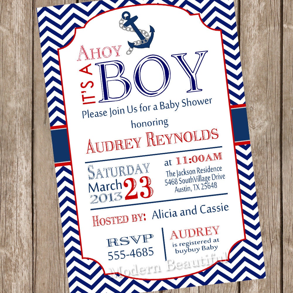 Chevron Ahoy it's a boy baby shower invitation, red, blue, anchor, nautical, digital file Il_170x135