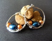 Small Wire Wrapped Hoops Royal Blue and Orange Fresh Water Pearl Combo Sterling Silver Hoop Earrings Pop of Color Funky Cute Fun