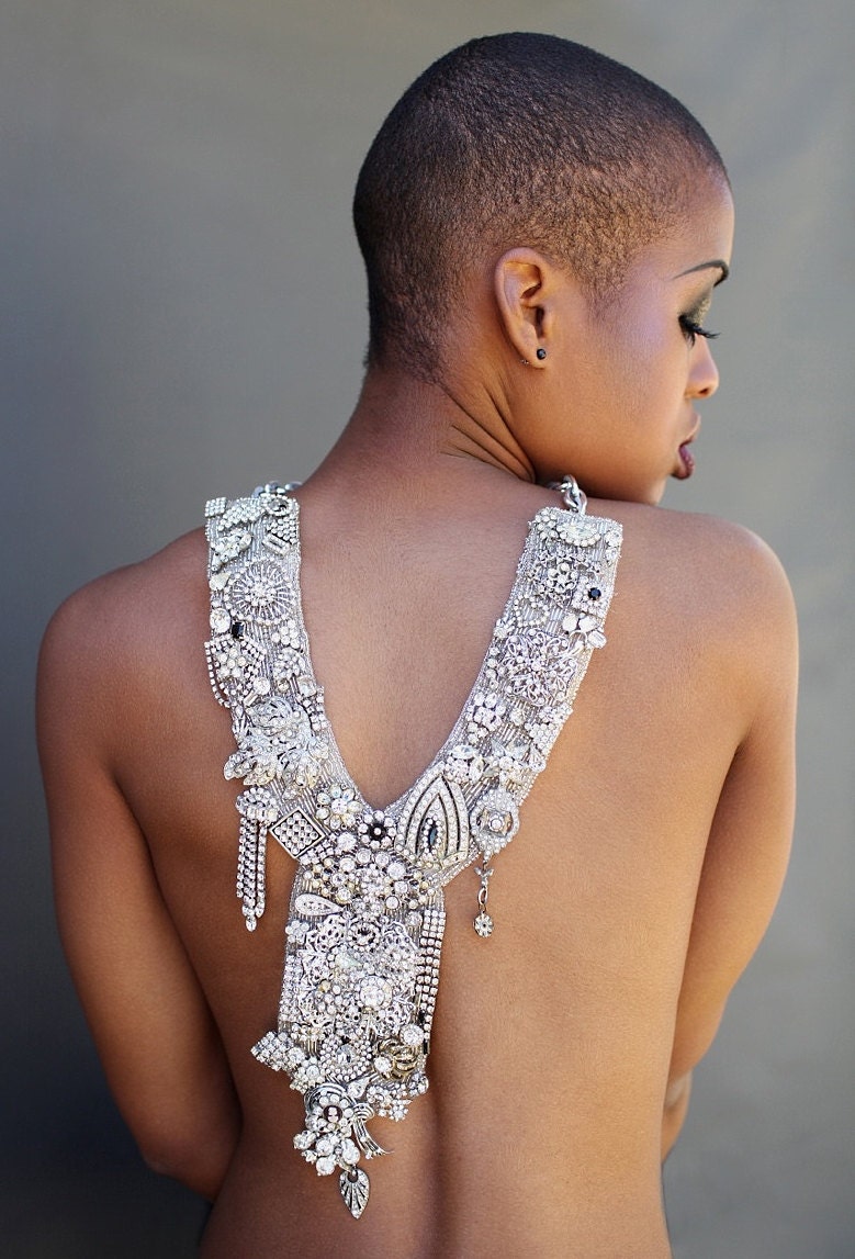 Dramatic Rhinestone Necklace Statement Bridal neck piece, Wedding Gown Topper, Ooak Haute Couture