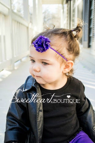 Purple Baby Headband - Petite Satin and Tulle Puff Flower Newborn Baby Toddler Headband - Little Flower Band Newborn Babies and Toddlers