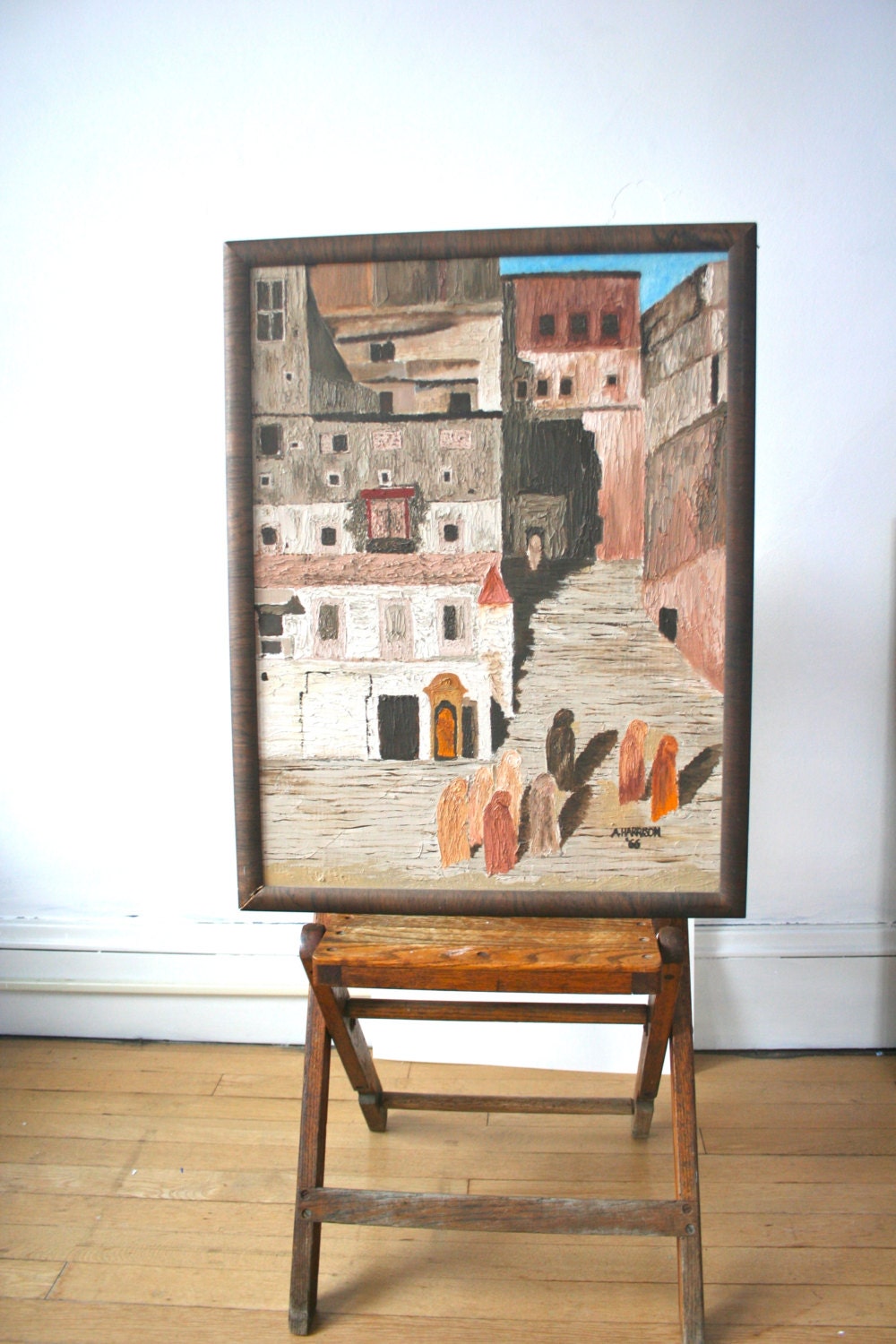 Vintage Oil Painting: Cubist Cityscape 1960s Signed Original Art