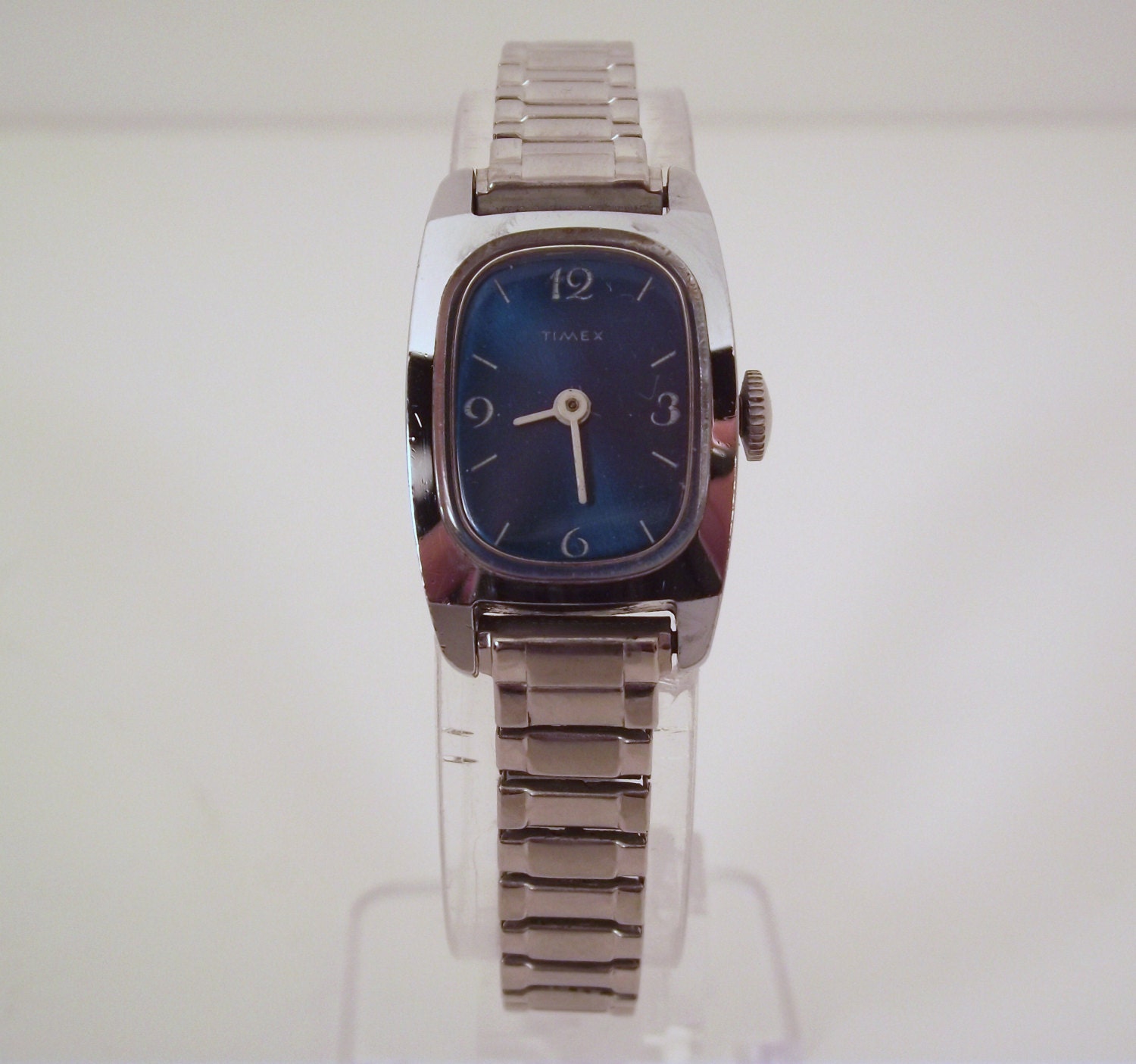 Vintage 1972 Timex Wind Up Retro Style Women's Ladies Watch in Silver W/Speidel Expansion Band, Rectangular Shaped Blue Dial