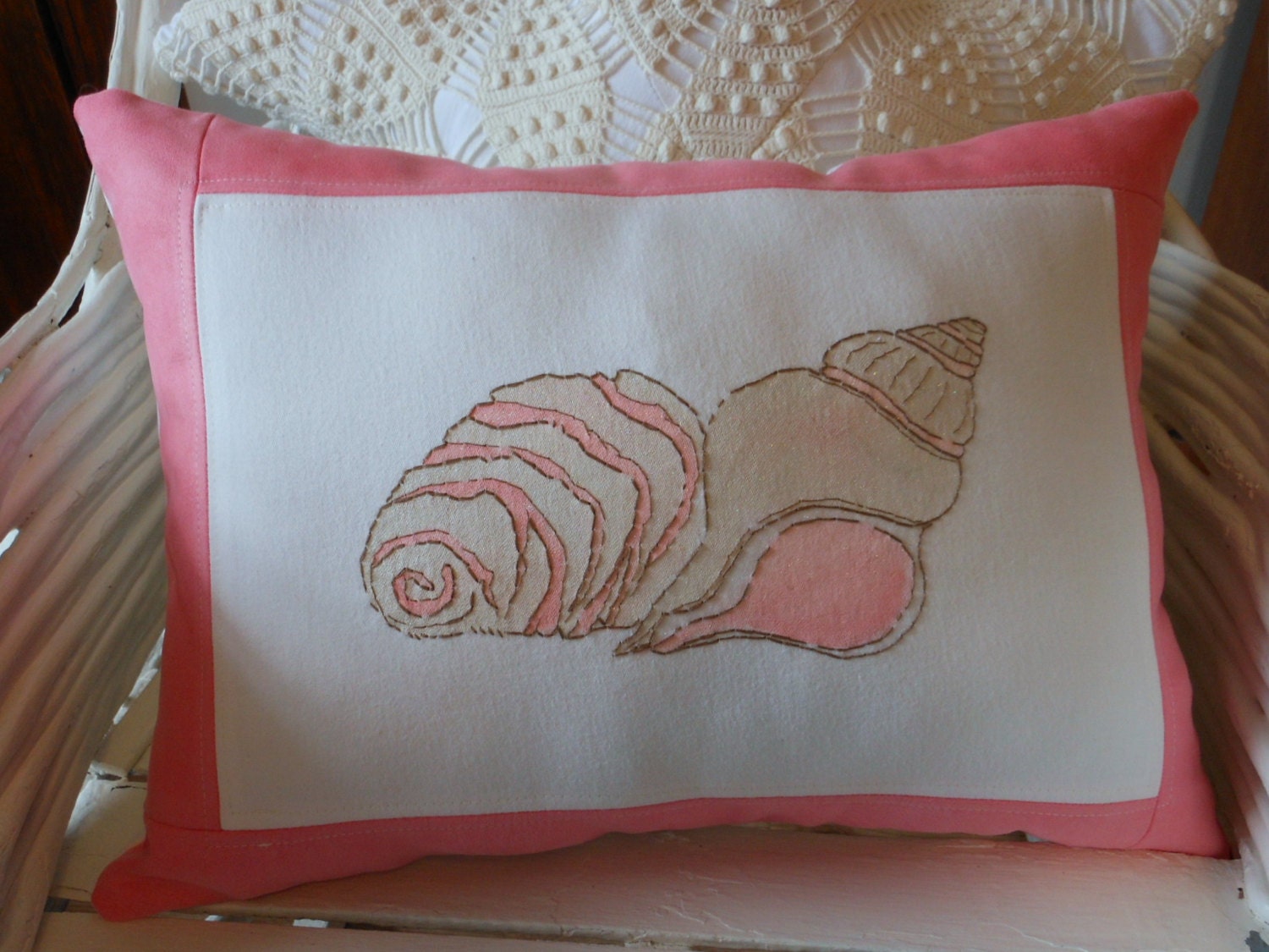 Seaside Shell Pillow. Champagne Beige and Pale Pink. Seashells. Hand painted Nautical Decor for Coastal Living by searchnrescue2