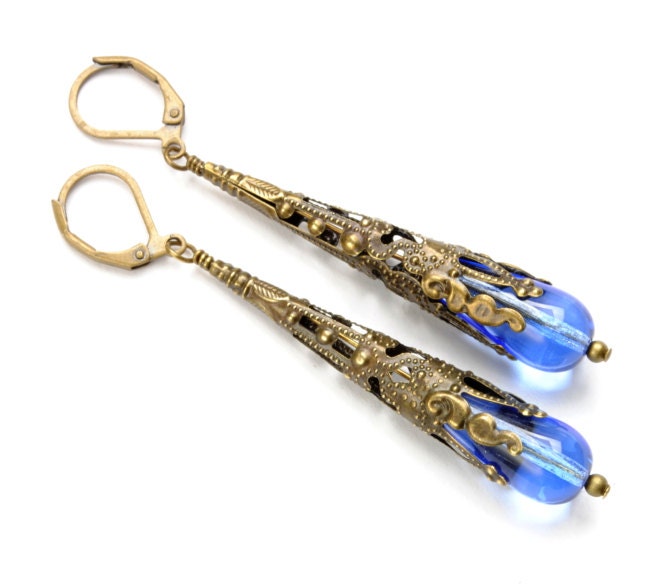Sapphire Earrings Victorian Jewelry Victorian Earrings Antique Brass Sapphire Blue Earrings Steampunk Jewelry By Victorian Curiosities