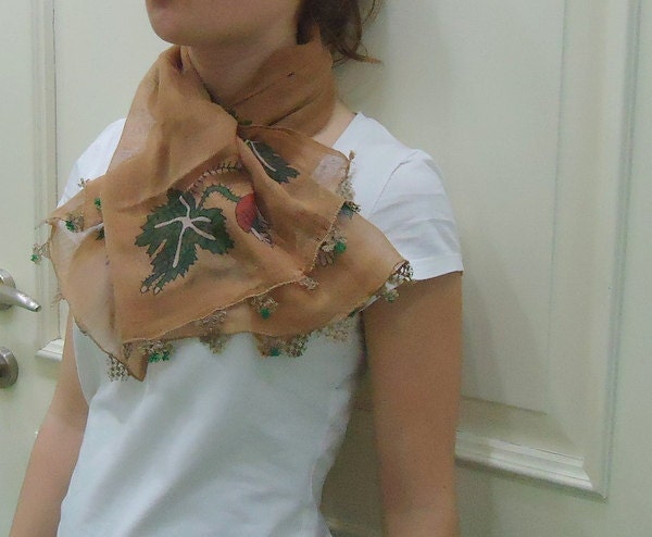 Rustic BrownTurkish Floral COTTON SCARF with needle lace,lacework,,spring summer scarflette,mothers day gift