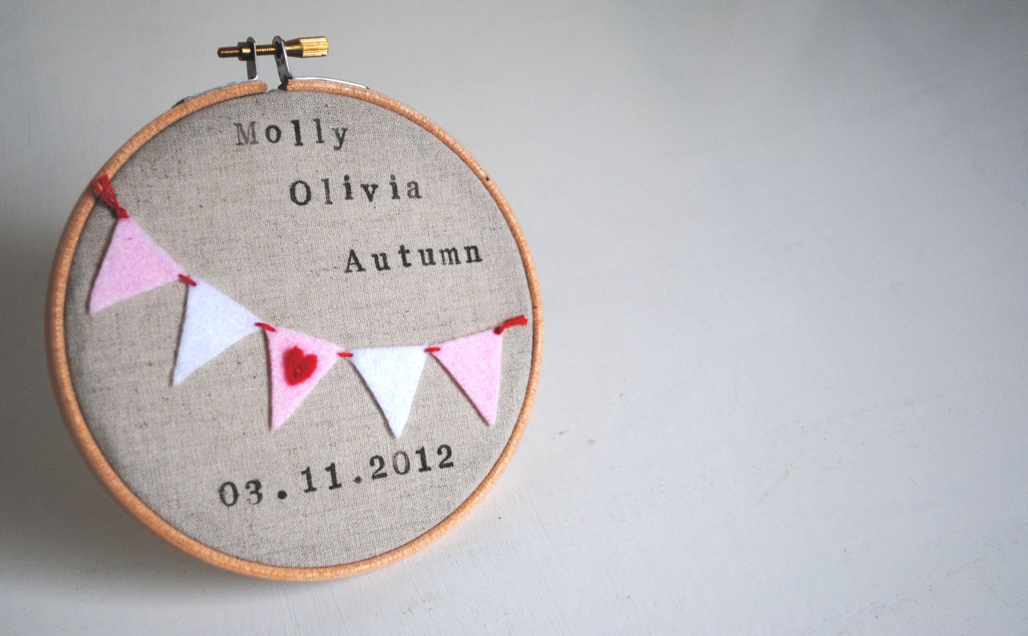 Custom Personalised Newborn Baby Girl Embroidery Hoop Wall Art  - Name, Date of Birth, Pink Bunting - Nursery Decor, New Baby Gift