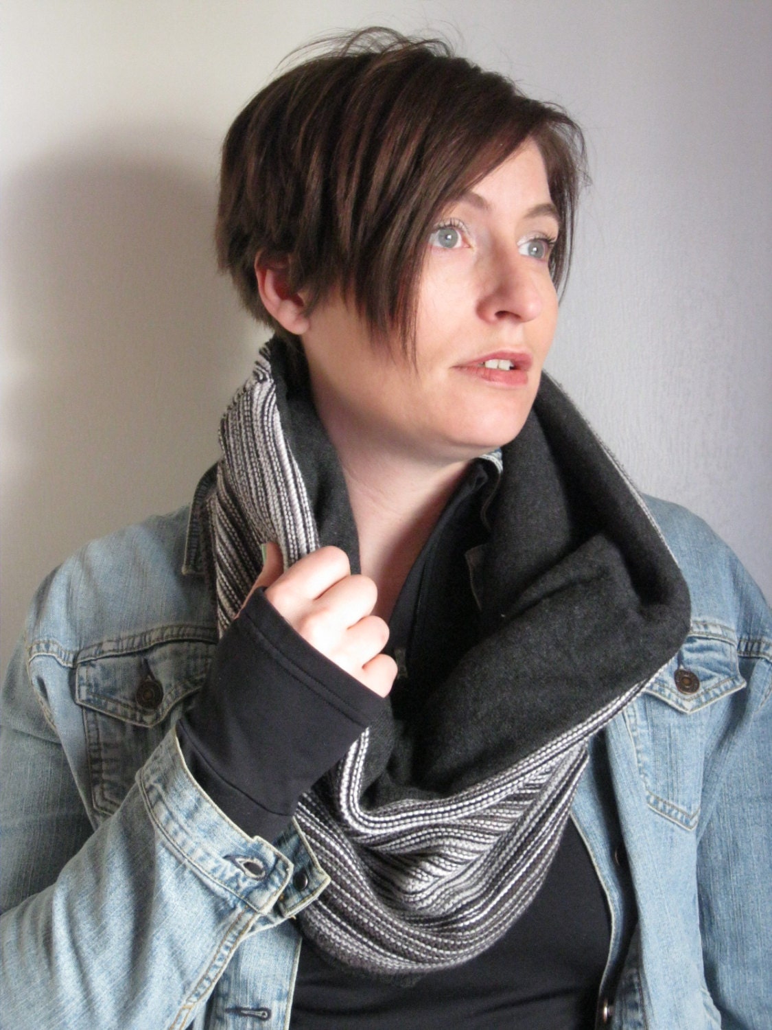Black and White Infinity Scarf in Cotton and Cashmere Snood   : Upcycled Recycled Repurposed Eco Friendly