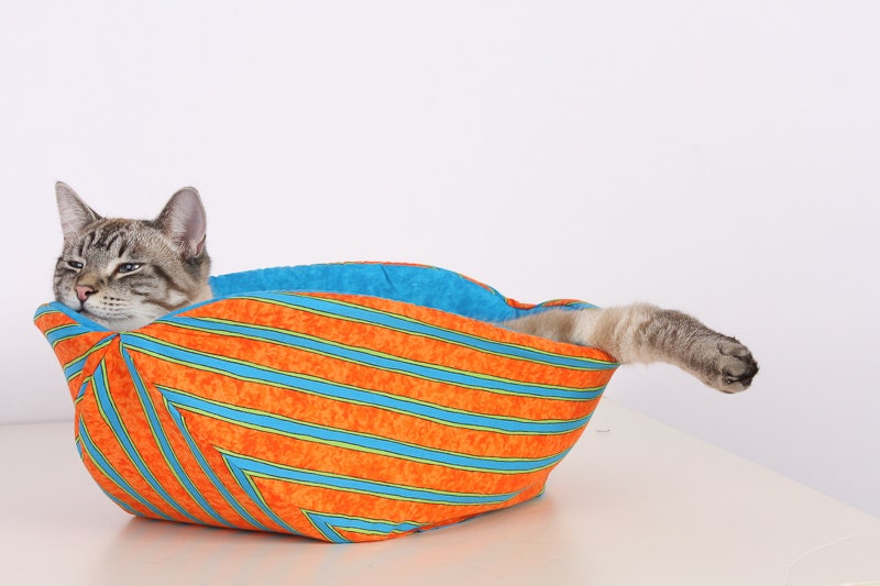 Cat Canoe Modern Kitty Bed in Orange and Turquoise Stripes