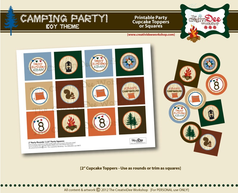 Camping Party - Boy Theme -  Cupcake Toppers - Printable Cupcake Toppers