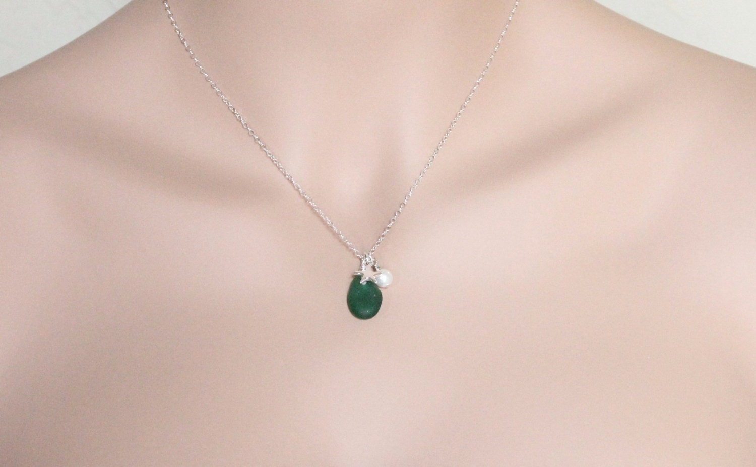 Sterling Silver Starfish Kelly Green Sea Glass and Pearl ..... Beach Theme, Water, Ocean, Weddings