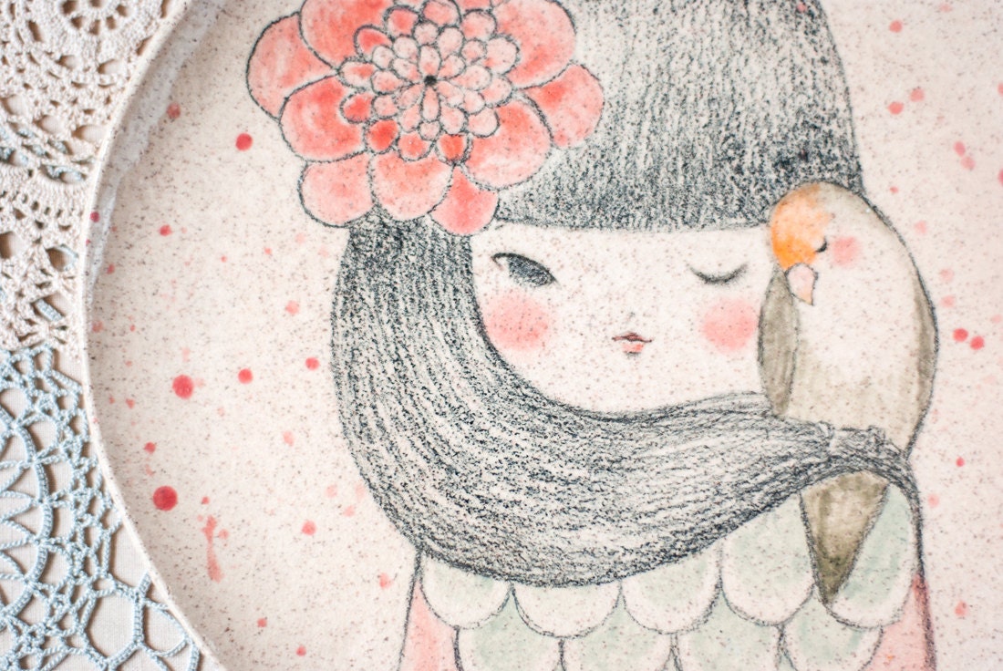 I HAD A LITTLE LOVEBIRD hand painted original illustration plate by Min Lee