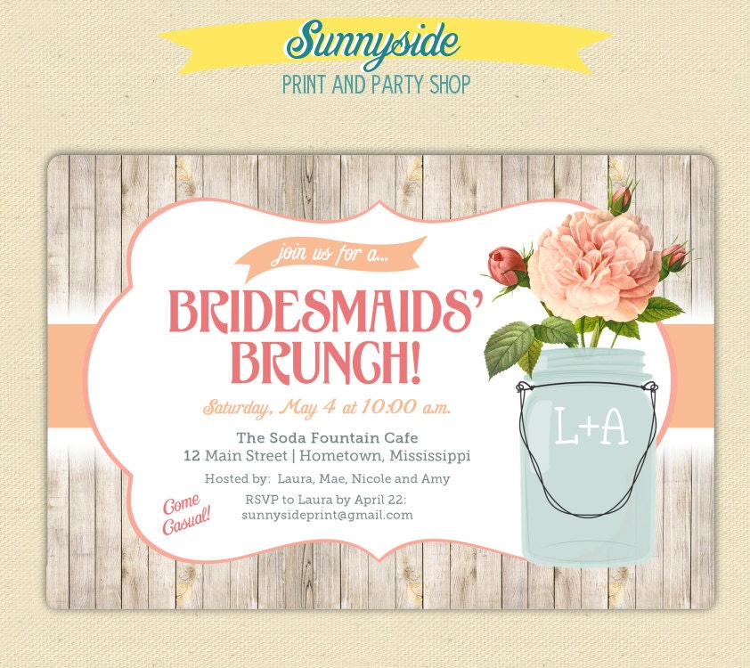Mason Jar Rustic Bridal Shower / Brunch Invites - Aqua or Peach - Printable