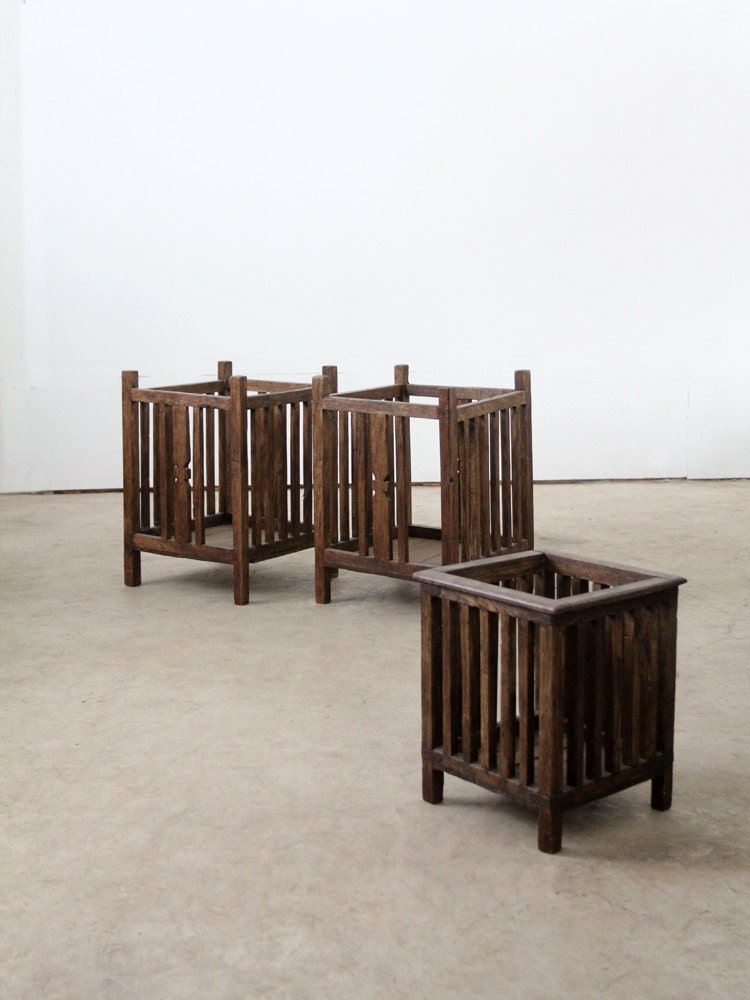 Teak Planters / Antique Wood Crates / Set of 3