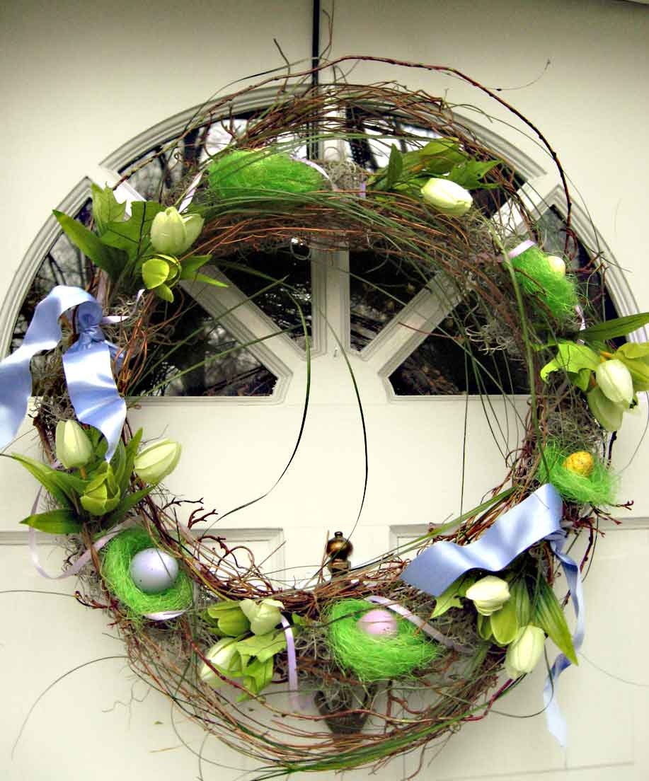 Easter Wreath, French Country Cottage chic, vines, tulips, twigs, nests with pastel eggs, wild and natural