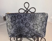 Large - Deep Navy Lace Floral Print Silk Makeup Bag